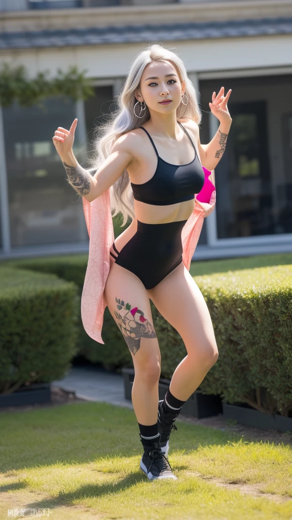 Beautiful girl, Loira caucasiana, (((Nordic))), Corpo Perfeito, cintura estreita, (lindo corpo redondo e asull, espartilho, pernas abertas (((dynamic pose))), ((tatuagem))), (Rosto detalhado), (Stockingull net shot, best quality, ultra detalhado, Com roupas.