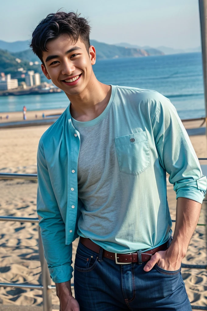 (best quality, 4K, 8k, high resolution, Masterpiece: 1.2), Special details, (realistically, As realistic as a photo, photo realistic: 1.37), Edge lighting, Extra detailed coloring, sharp focus, Physical rendering ,Extremely detailed description,professional,light color,Bokeh,Portrait,look at the viewer, sea beach,
Young Asian man, 20 years old ,(Wear a mono color shirt.), smile