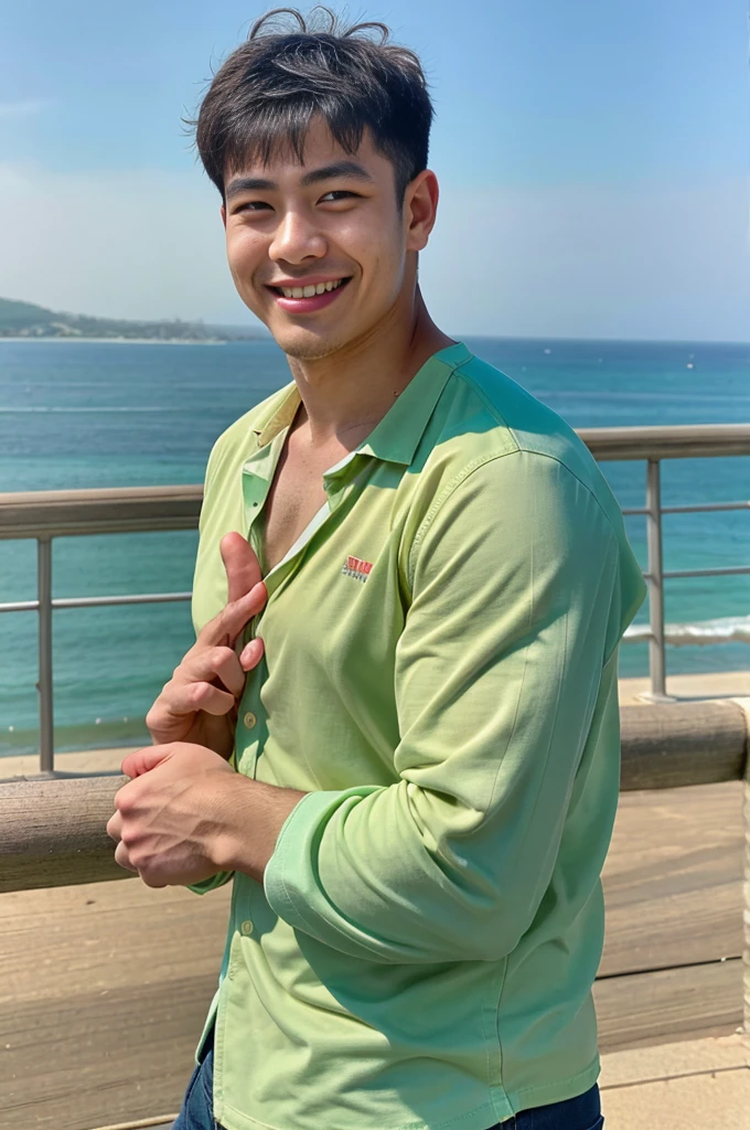 (best quality, 4K, 8k, high resolution, Masterpiece: 1.2), Special details, (realistically, As realistic as a photo, photo realistic: 1.37), Edge lighting, Extra detailed coloring, sharp focus, Physical rendering ,Extremely detailed description,professional,light color,Bokeh,Portrait,look at the viewer, sea beach,
Young Asian man, 20 years old ,(Wear a mono color shirt.), smile