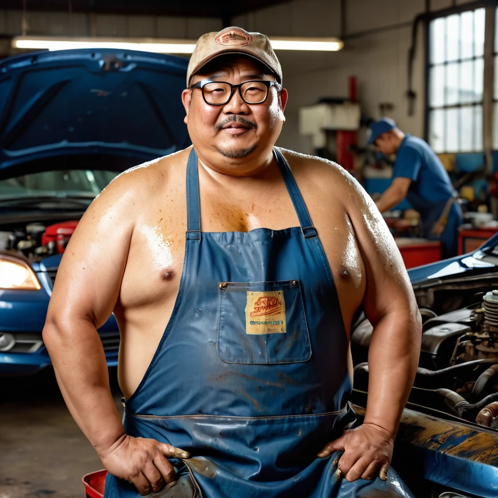 Man, Asian, Fat, Chubby, 50 years old, eye glasses, Hat, take of shirt, Shirtless, wear an Apron, car mechanic, Working in a car repair shop, covered in oil, Wet, Stain, Dirty of Oil, Sitting, realistic image, sharp 8K, beautiful lighting.