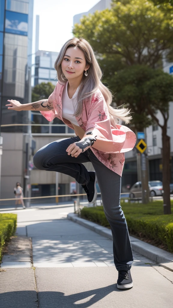 Cute Japanese female, (16 years old), (Very cute face), white moist skin, looking at camera, melancholy expression, (Pink bright eyes: 1.4), (Black framed glasses: 1.3)
BREAK,
(Parkour), (Very beautiful berserker female: 1.3), (Dynamic pose: 1.3),
BREAK,
(Wearing pink cute kimono: 1.3), (Highly revealing kimono), Very large earrings, Short length, (Black grass tattoo on body: 1.3),
BREAK,
(Long hair), (Light gray hair: 1.4), (Wavy hair), (Gradient hair: 1.3), (Red tips: 1.3),
BREAK,
(Realistic: 1.3), Masterpiece, Perfect lighting, (Ultra high resolution), (8K), (Highly detailed: 1.4), (From the front), (Full body: 1.4), (Symmetrical: 1.2), (One cut),
BREAK,
(Big cities in Japan: 1.2),