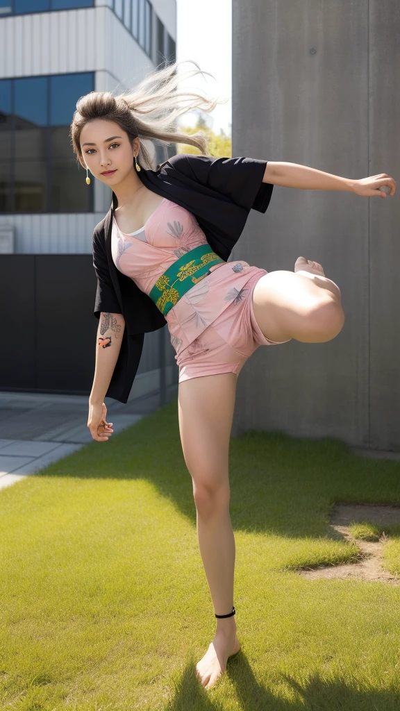 Cute Japanese female, (), (Very cute face), White moist skin, (Pink bright eyes: 1.4),
BREAK,
(Parkour),(Very beautiful berserker female: 1.3),(Fighting pose: 1.3),
BREAK,
Earrings, Short length,(Black grass tattoo on body: 1.3),
BREAK,
Kimono, Haori,
BREAK,
(Super long hair), (Light gray hair: 1.4),(Gradient hair: 1.3),(Red tips: 1.3),
BREAK,
(Realistic: 1.3), Masterpiece, Perfect lighting, (Ultra high resolution), (8K), (Very detailed: 1.4), (Full body: 1.4),(Symmetrical: 1.2),(One shot),
BREAK,
(Big Japanese city: 1.2), (Crowded),