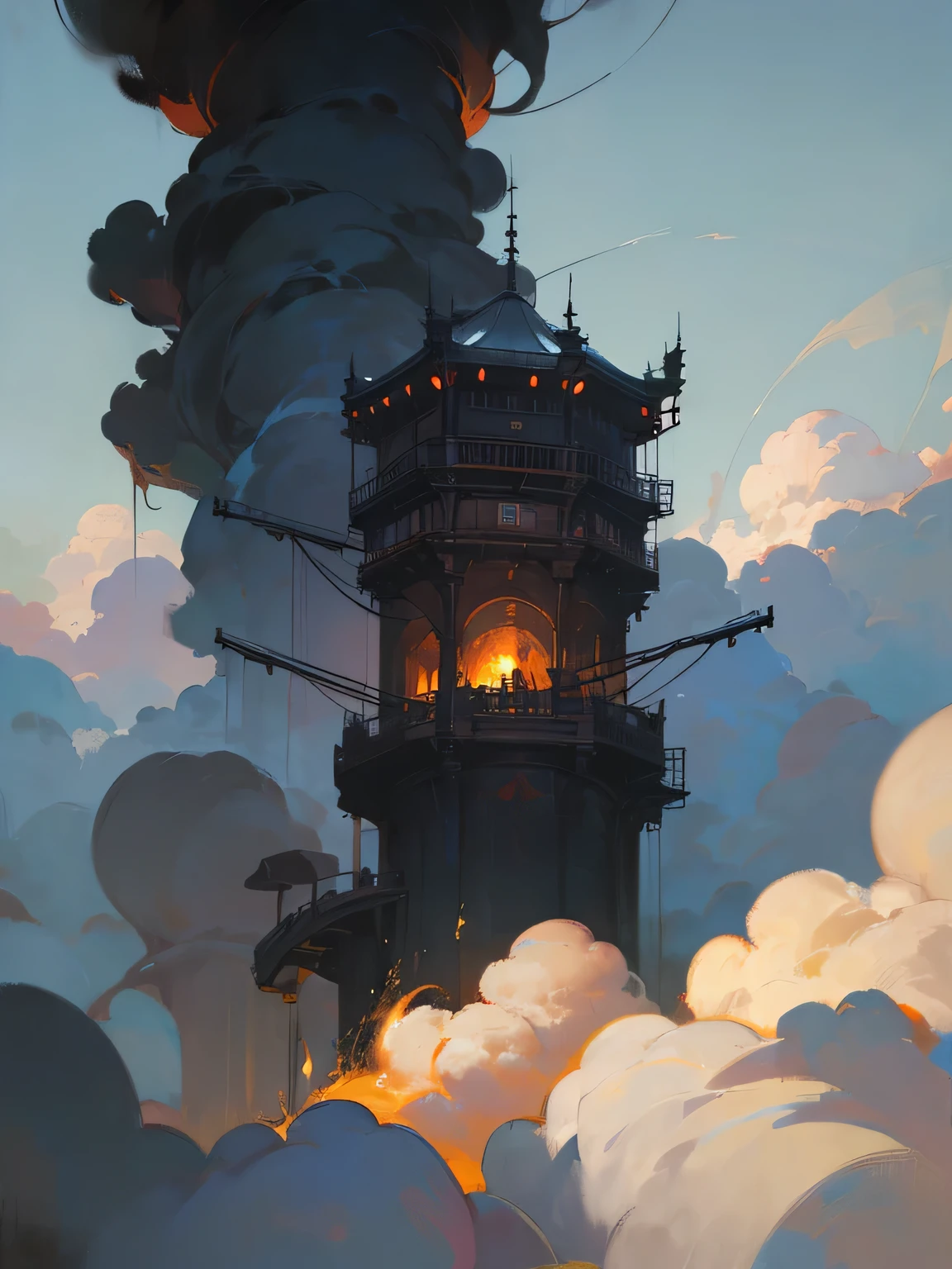 A white castle stands above the black smoke, a string ladder under the black smoke, climbing for help, heaven and hell, oil painting style,