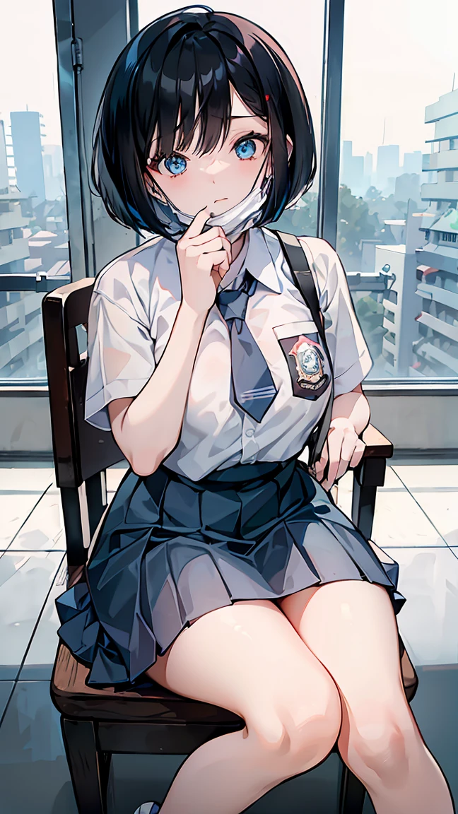 1 woman, 17 years old, (Short Layered Bob haircut, black hair), scared face expression, plump body, blue eyes, Indonesian high-school uniform, (wearing transparent white shirt, showing bra), osis logo on shirt pocket, huge XL breasts, light-grey pleated skirt, sitting on a chair, seductive pose, full body shot, shy, in the classroom, wearing a mask (mask_pull, white surgical mask, surgical mask fit his face:1.2).