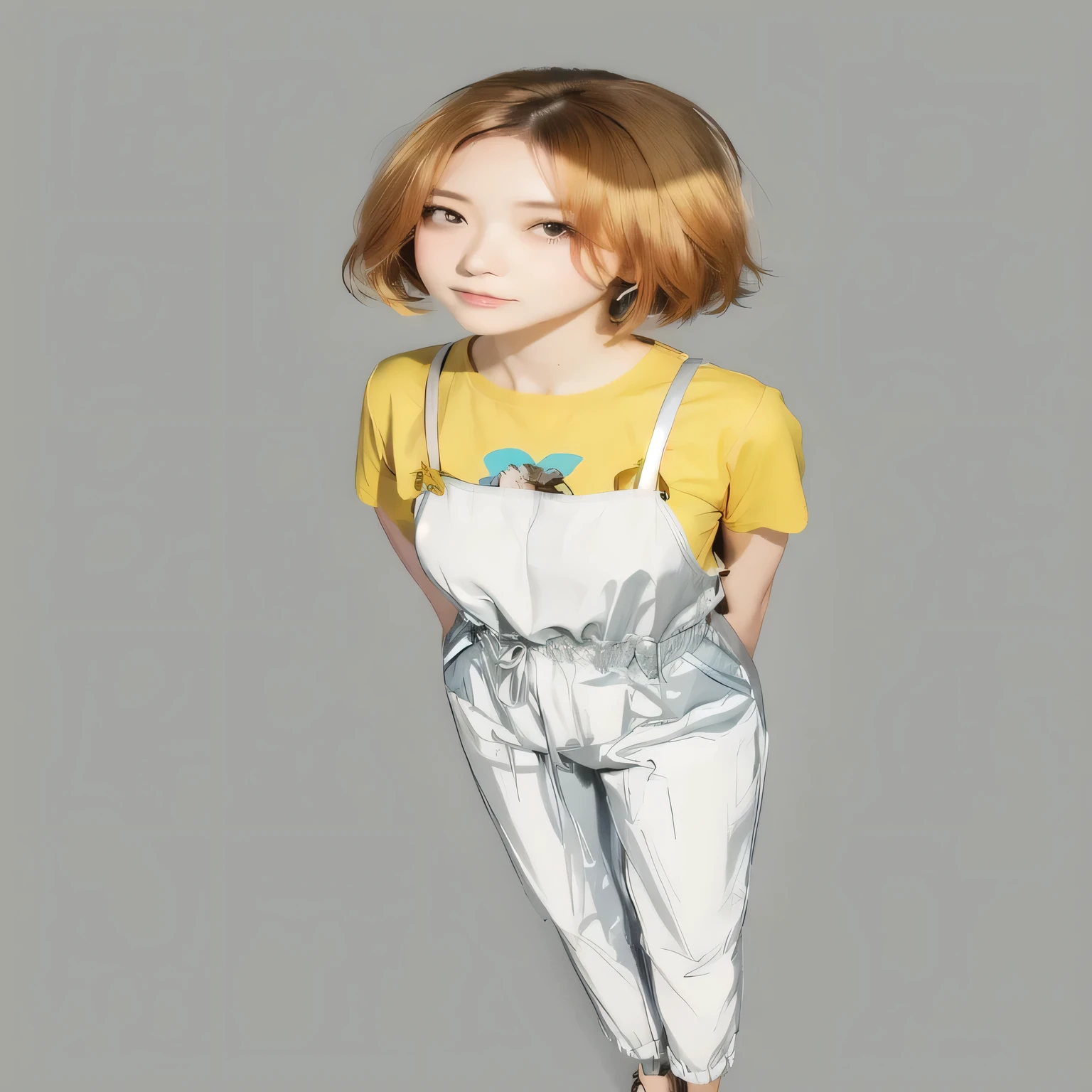 Anime girl with short hair and yellow shirt standing in front of gray background, Actress 👀 :8, Short full body portrait!, Anime style characters, Anime style, Anime style, The style of Ghibli animation style, 80s anime art style, Unrealistic character concept, Anime Characters, The style of Ghibli animation