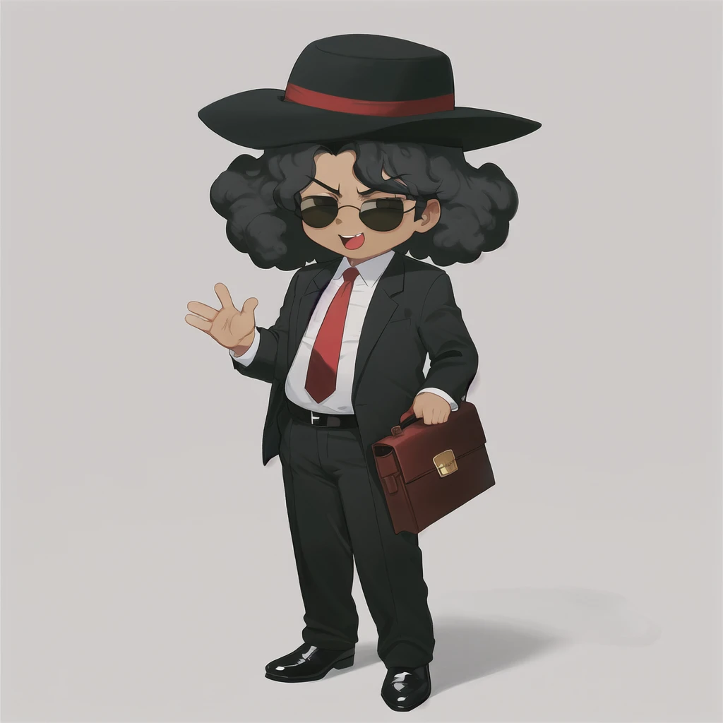 Draw a Cartoon-style character inspired by a mysterious salesman. He must wear a wide-brimmed black hat, sunglasses, have voluminous afro hair, and a black suit with a red shirt. Include a yellow tie and a gray briefcase in your hands. The character must have a confident and charismatic expression smiling, similar to Michael Jackson 
