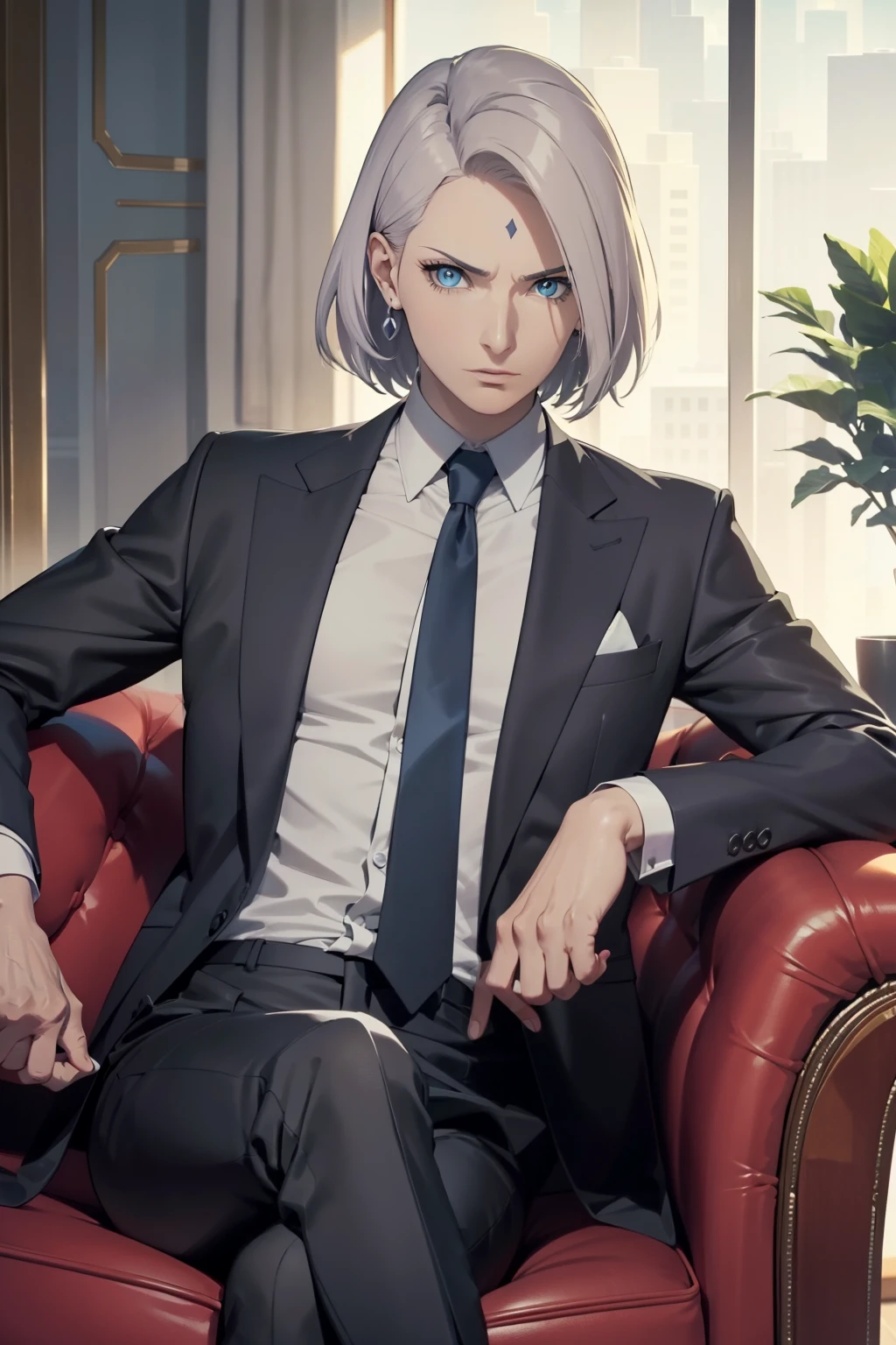 In a sophisticated living room, a poised executive is sitting in a plush leather chair, their posture exuding confidence and authority. The room is elegantly decorated with modern art and high-end furniture, creating a sense of luxury and sophistication. The executive's attire is impeccable, with a tailored suit in deep shades of gray and blue, a crisp white shirt, and a Power Tie in a bold, contrasting color. Their hair is perfectly styled and neatly parted, with a few strands falling gently over their forehead. Their face is angular and sharply defined, with high cheekbones, a strong jawline, and piercing blue eyes that never leave the viewer'