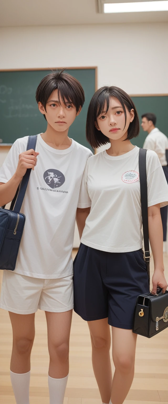 noon, In class, Two female proctors walked into the classroom, Holding a top secret document bag, Two people wearing white T-shirts、Female invigilator with short black hair, The female proctor looked into camera, The camera mainly captures the upper body, Lof Art Style ((Xinhaicheng), CGStation Popular, Shinkai Makoto H 2160, Inspired by Border Guardians, Shinkai Makoto, plan, Guwitz&#39;s style, High-quality images, 4K, 8K, solve,