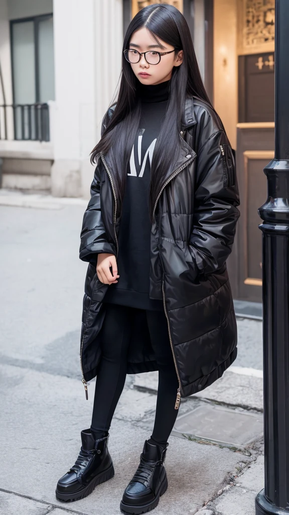 girl standing outside, wear glasses, in a black jacket, ((long hair)), Image inspired by Zou Zhe, Tumblr, realism, Xindong Chen, Approximately 19 years old, Qichao Wang, Huifenghuang, Jay Long Su, Xiaofan Zhang, Pengzhen Zhang, Smon Zheng, Yi Hao Ren, Zezhou Chen.