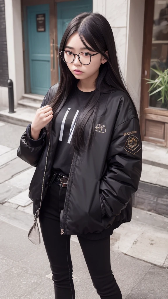 girl standing outside, wear glasses, in a black jacket, ((long hair)), Image inspired by Zou Zhe, Tumblr, realism, Xindong Chen, Approximately 19 years old, Qichao Wang, Huifenghuang, Jay Long Su, Xiaofan Zhang, Pengzhen Zhang, Smon Zheng, Yi Hao Ren, Zezhou Chen.