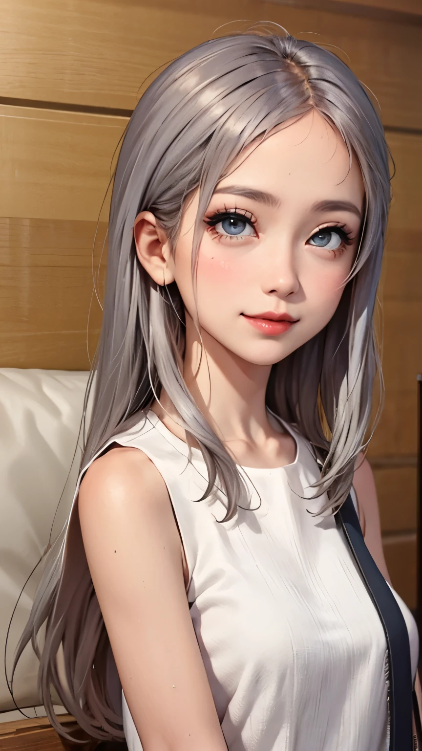 blush a little and smile, (Top quality masterpiece:1.2) Delicate illustrations, Very detailed, /Beautiful Japanese Women、1 person,Very cute and slim、Great style 、((8K images、super high quality))、Very delicate face, Skin and Hair、beautifule forehead、Red lipstick、(((((Mid-length hair、Silver Hair、lure))))),Very cute Japanese cut face、Eyes and nose are clearly visible、Kind eyes,((((Sleeveless fashion))))