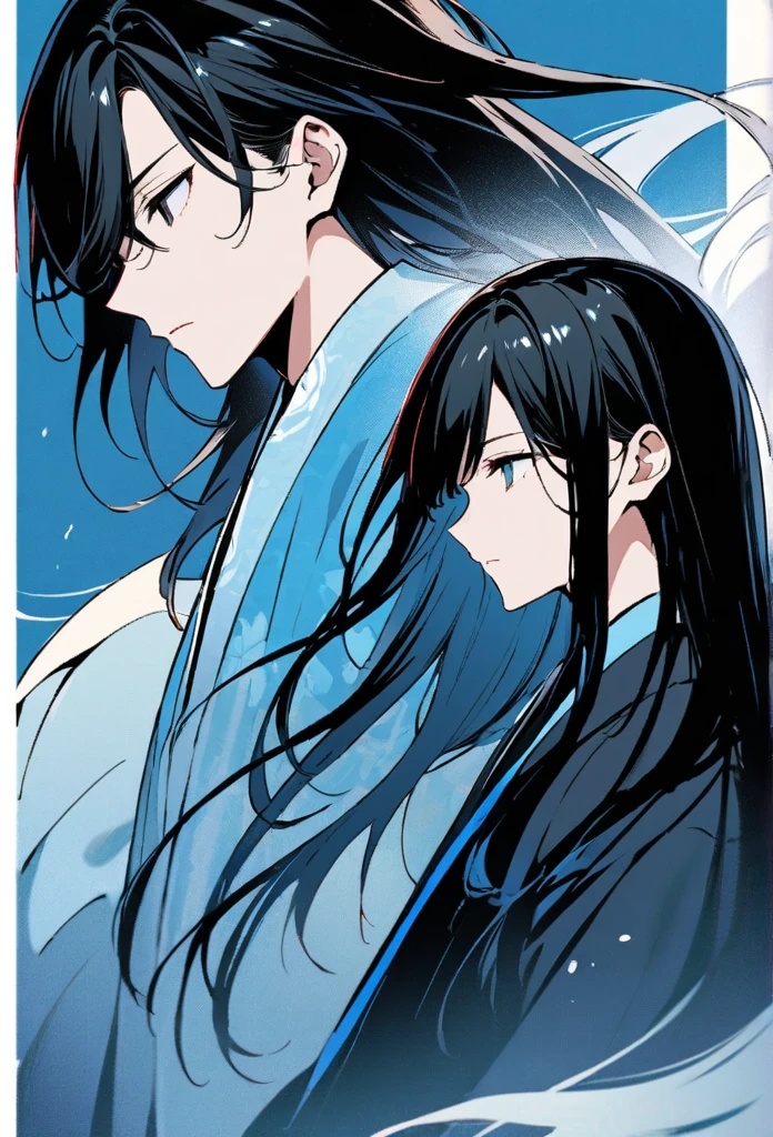 Japanese。male。Sharp black Eye。Very long black hair。profile。Plain blue kimono(Dressed in kimono)。A strong wind blows my hair back。Cover your eyes with hair。The background is blue light。Stand up straight。An illustration。picture。