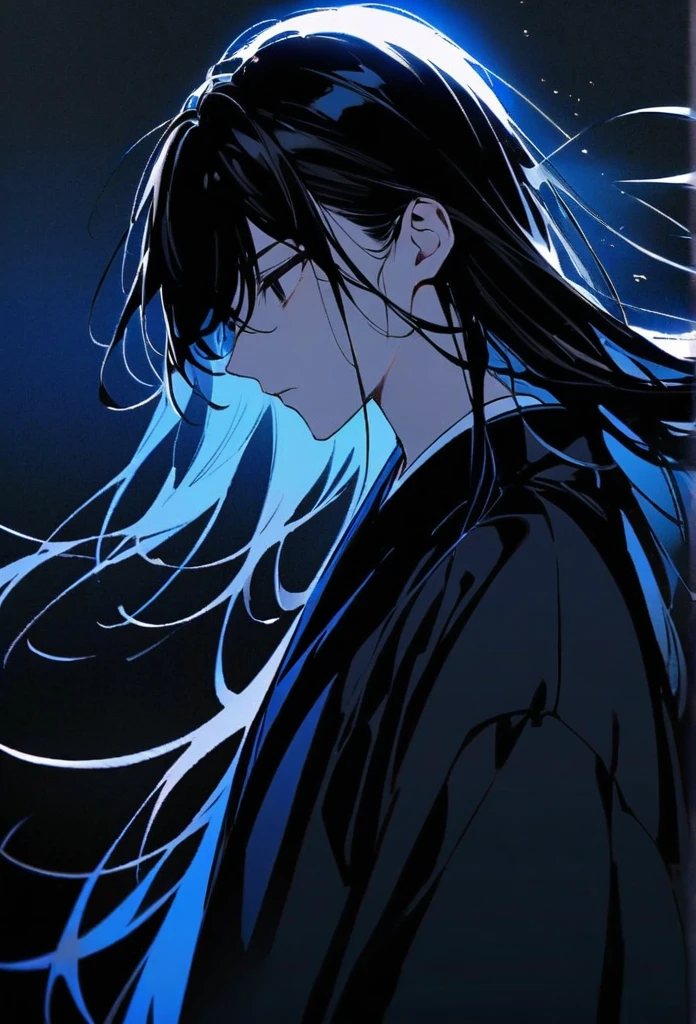 Japanese。male。Sharp black Eye。Very long black hair。profile。Plain blue kimono(Dressed in kimono)。A strong wind blows my hair back。Cover your eyes with hair。The background is blue light。Stand up straight。An illustration。picture。