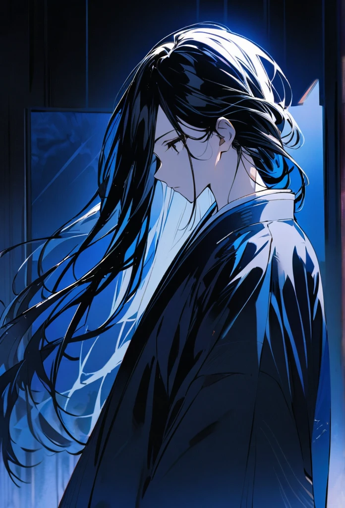 Japanese。male。Sharp black Eye。Very long black hair。profile。Plain blue kimono(Dressed in kimono)。A strong wind blows my hair back。Cover your eyes with hair。The background is blue light。Stand up straight。An illustration。picture。