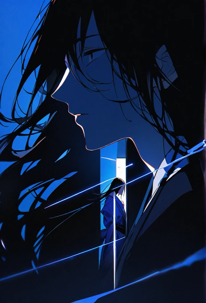 Japanese。male。Sharp black Eye。Very long black hair。profile。Plain blue kimono(Dressed in kimono)。A strong wind blows my hair back。Cover your eyes with hair。The background is blue light。Stand up straight。An illustration。picture。