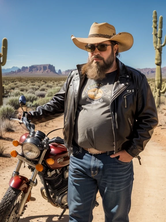male, solo, beard, Glasses, obesity, Cowboy hat, leather jacket, Saddlebags, desert, Cactus, Animal Path, sunlight, Heat