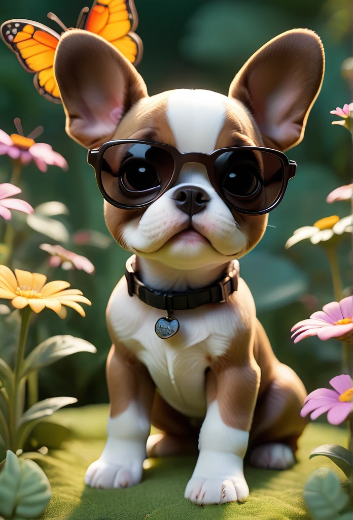 Adorable small tan boston Terrior puppy wearing sunglasses playing at park butterflies and flowers in background 3D Pixar style
