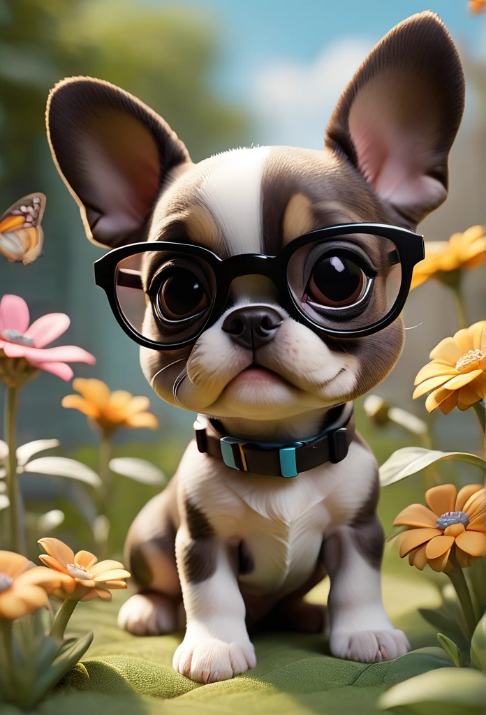 Adorable small tan boston Terrior puppy wearing sunglasses playing at park butterflies and flowers in background 3D Pixar style
