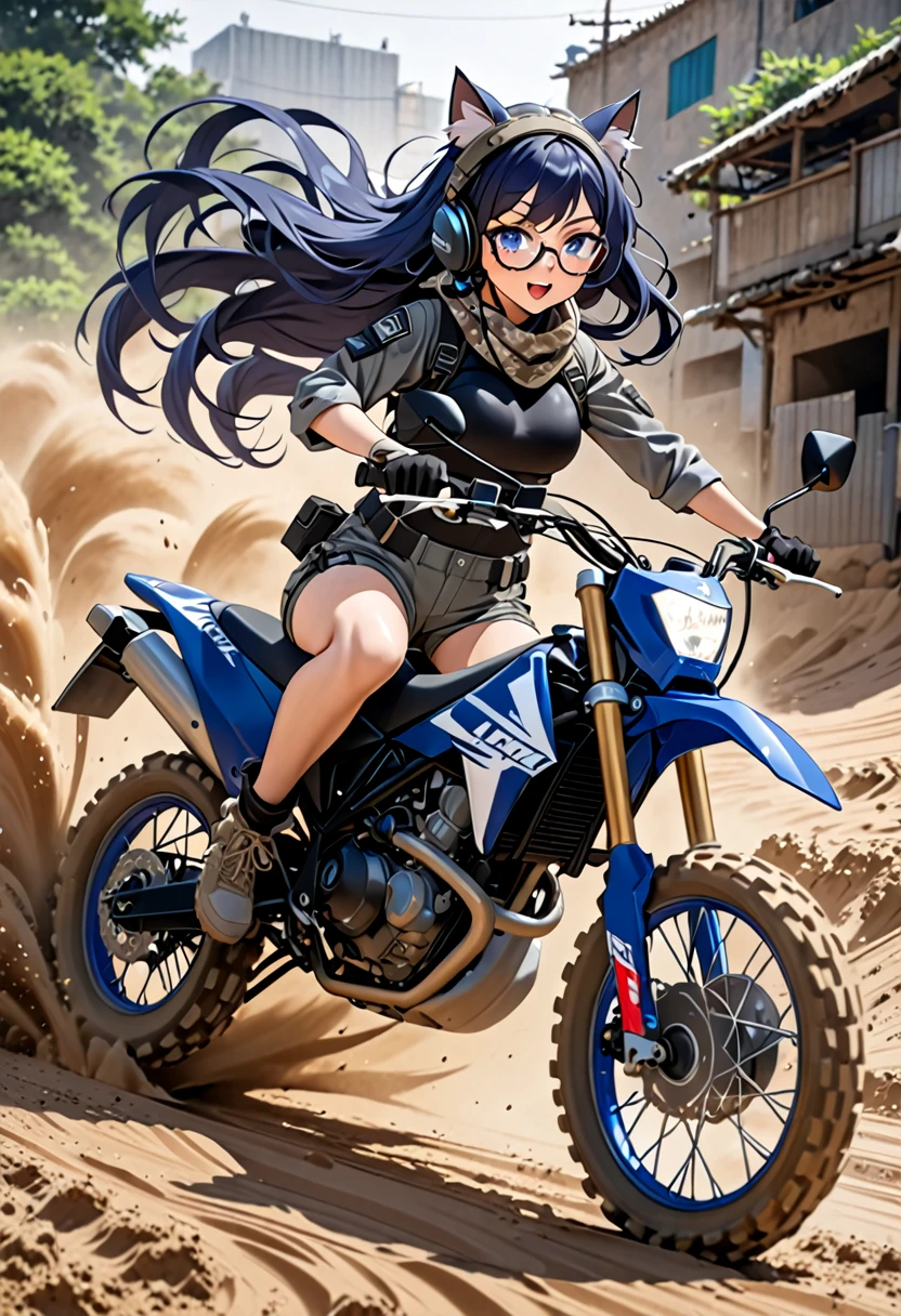 8K Ultra High-Quality, ultra-detailed, High quality, Dark Blue hair, Long hair, Headset, Goggles, cat girl, Grey Tactical clothes, Military clothes, black tight leotard under clothes, shorts, face scarf, body harness, Looking at viewer, choker, glasses, full body, riding a motorcycle, dirt bike, flowing hair