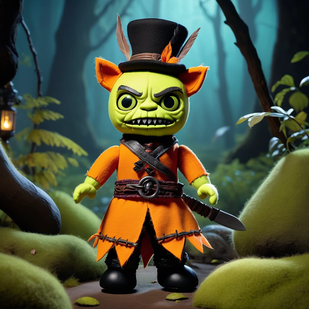 (knitted toy voodoo doll:1.7), (Voodoo Puss in Boots from Shrek:1.3), (Clothing: orange fur with a black hat, feather, belt, and boots:1.0), (Accessories: enchanted sword emitting a ghostly glow, floating spectral boots:1.1), (background: mystical and eerie forest with magical elements, dark shadows, and an atmosphere of adventure and mystery from the Shrek universe:1.2), best quality, masterpiece, ultra detailed, dynamic lighting, 8k, ultra high definition, high resolution, extremely detailed, best quality, masterpiece, detailed soft oil painting, detailed background, dramatic cinematic lighting, soft edge lighting, professional, dramatic lighting, hard edge lighting, ultra quality, 4k, masterpiece, best quality, 8k, ultra high definition, high resolution, extremely detailed