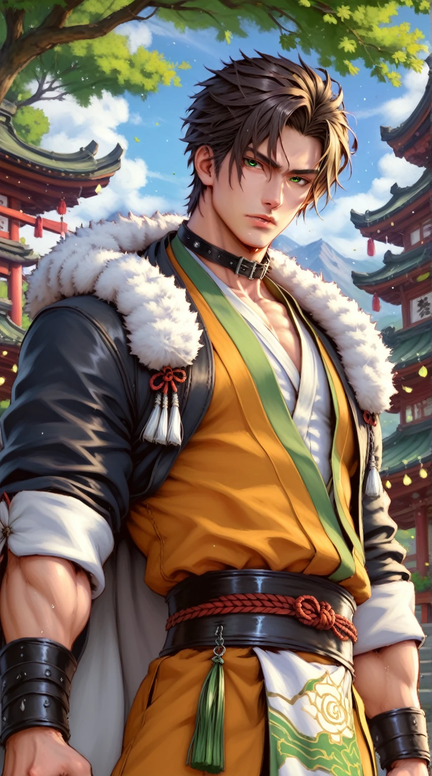 absurdities, High resolution, ultra detailed, HdR, masterpiece, Extremely detailed face and eyes, short hair, Dark brown hair, bangs that cover the forehead, bushy eyebrows, serious, expressive green eyes, straight hair, detailed eyes, LOOKING AT THE SPECTATOR, 1 man, 30 year old man, Dark brown hair, rasgos masculines, arete mongol masculine, Mongolian clothing with green details, masculine, green mongolian clothing, nature background, fur coat, collar mongol, beefy chest, Complete plan