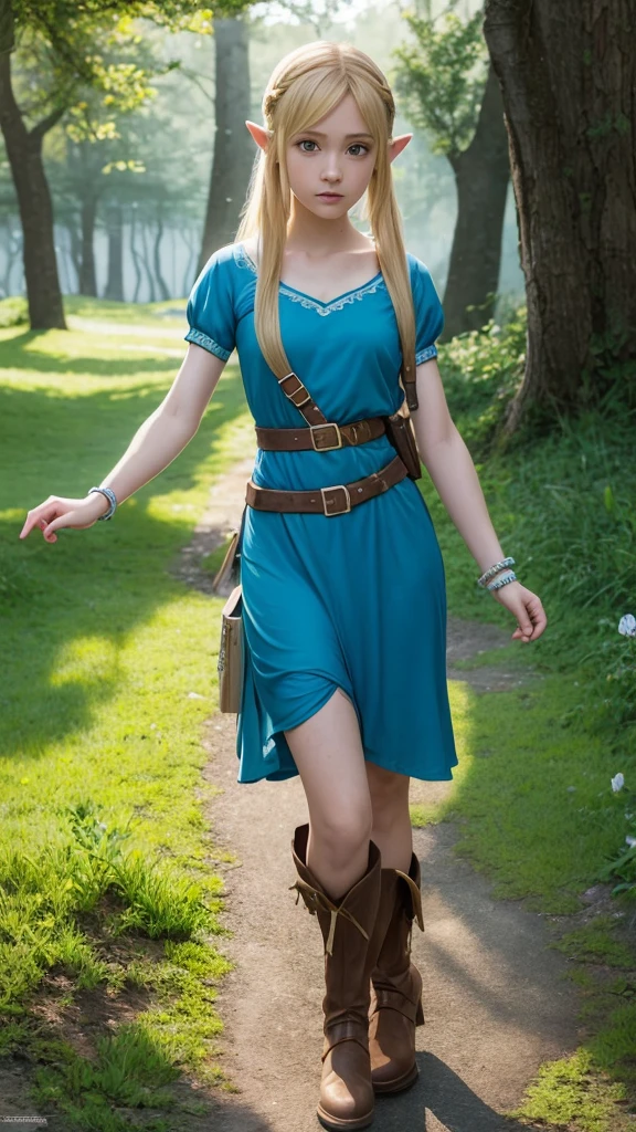 Princess Zelda, 1 girl, artist request, belt, blonde hair, blue shirt, book, boots, expressionless, full body, green eyes, height, look at viewer, magic, Nintendo, trousers, pointed ears, shirt, short hair, simple background, alone, the legend of zelda, the legend of zelda: Breath of the Forest, the legend of zelda: Tears of the Kingdom, Flowers made of light, magic