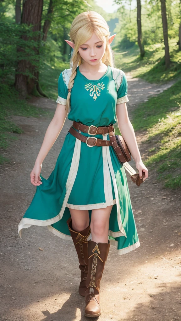Princess Zelda, 1 girl, artist request, belt, blonde hair, blue shirt, book, boots, expressionless, full body, green eyes, height, look at viewer, magic, Nintendo, trousers, pointed ears, shirt, short hair, simple background, alone, the legend of zelda, the legend of zelda: Breath of the Forest, the legend of zelda: Tears of the Kingdom, Flowers made of light, magic