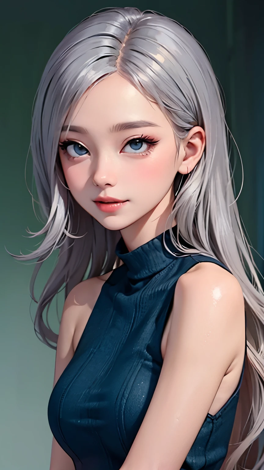 blush a little and smile, (Top quality masterpiece:1.2) Delicate illustrations, Very detailed, /Beautiful Japanese Women、1 person,Very cute and slim、Great style 、((8K images、super high quality))、Very delicate face, Skin and Hair、beautifule forehead、Red lipstick、(((((Mid-length hair、Silver Hair、lure))))),Very cute Japanese cut face、Eyes and nose are clearly visible、Kind eyes,((((Sleeveless fashion))))