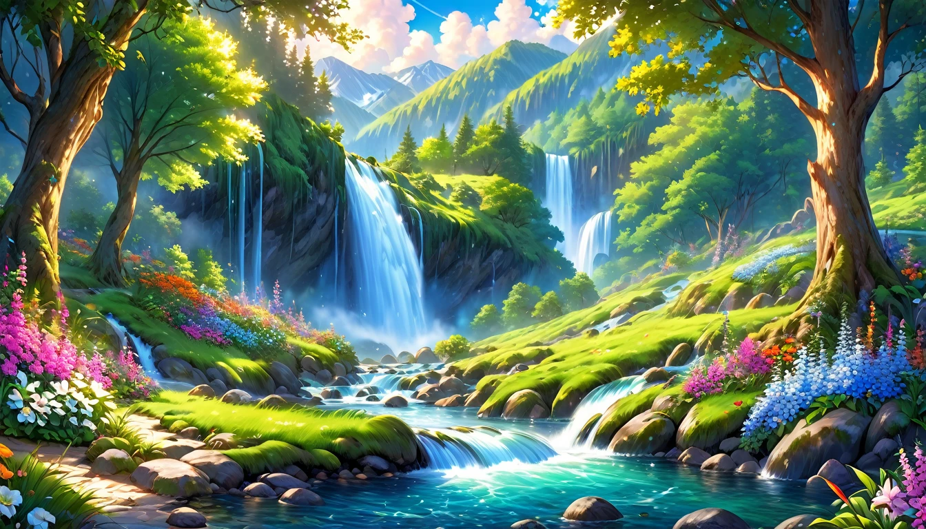 a stream running through a lush green forest, gentle sparkling forest stream, flowers and large waterfalls, nature wallpaper, anime nature wallpap, stream of love and happiness, by mark keathley, water stream, babbling brook, peaceful beautiful waterfall, anime nature, small water stream, magical forest backround, vast lush valley flowers, dream scenery art, lush trees and flowers, 4k hd,, beautiful art uhd 4 k, a beautiful artwork illustration, beautiful digital painting, highly detailed digital painting, beautiful digital artwork, detailed painting 4 k, very detailed digital painting, rich picturesque colors, gorgeous digital painting