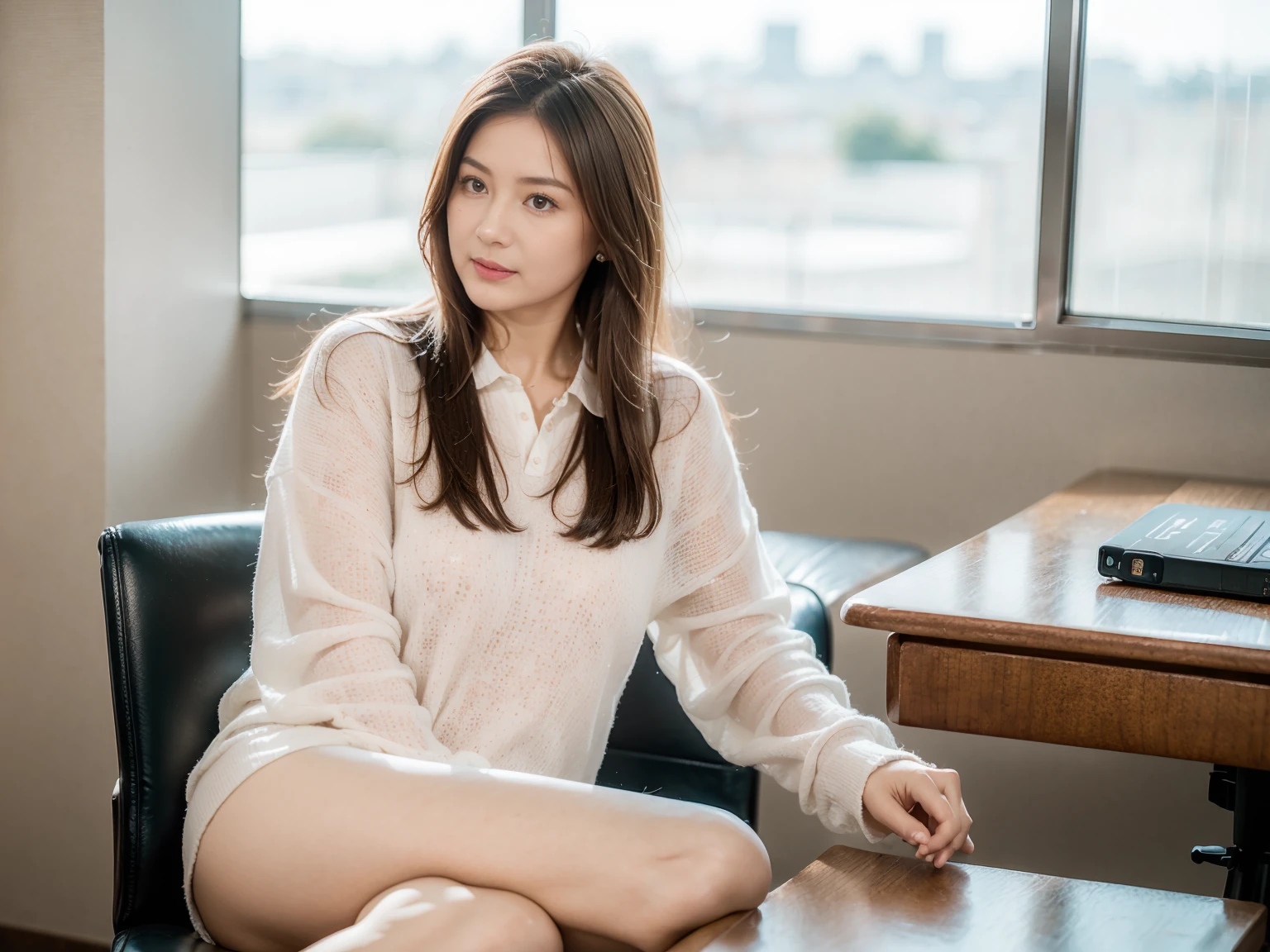 A beautiful ************ girl with perfect shaped medium breast (levemente transparecendo na sua roupa) wearing office uniform sitting on a chair taking notes in her office room , large view photo