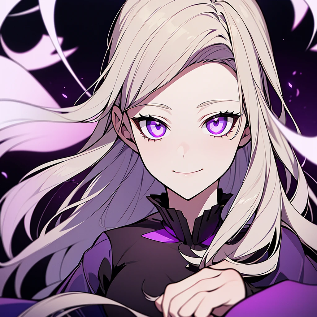 An adult woman with blonde hair, bright purple eyes, and beautiful white skin. An expressionless smile, placing the index finger on the lips in a sign of "silence". Wearing an extremely dark violet cloak, with stronger violet outlines, and violet-colored designs. With several currents floating around him in a circular shape