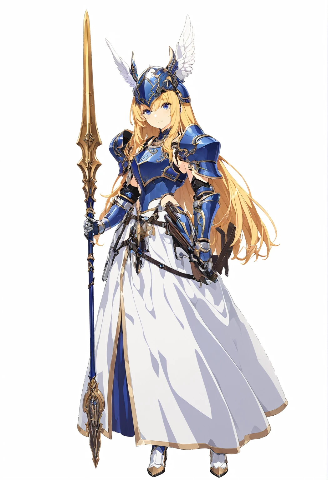 high quality, high resolution, high qualityのゲームアートスタイル, whole body,valkyrie,perfect hand,Official Art, Smooth game CG art, Visual Novel Sprites, White background,Smooth game CG art, (((Woman with a gun))),Woman wearing a white dress and blue armor, An intricately designed helmet with white feathers,Small shield, (((In his right hand he holds an elaborate spear))),Exquisite Blue Armor,Golden Hair, long hair, blue eyes,female knight, Rin々Shii,Large Bust,20-year-old