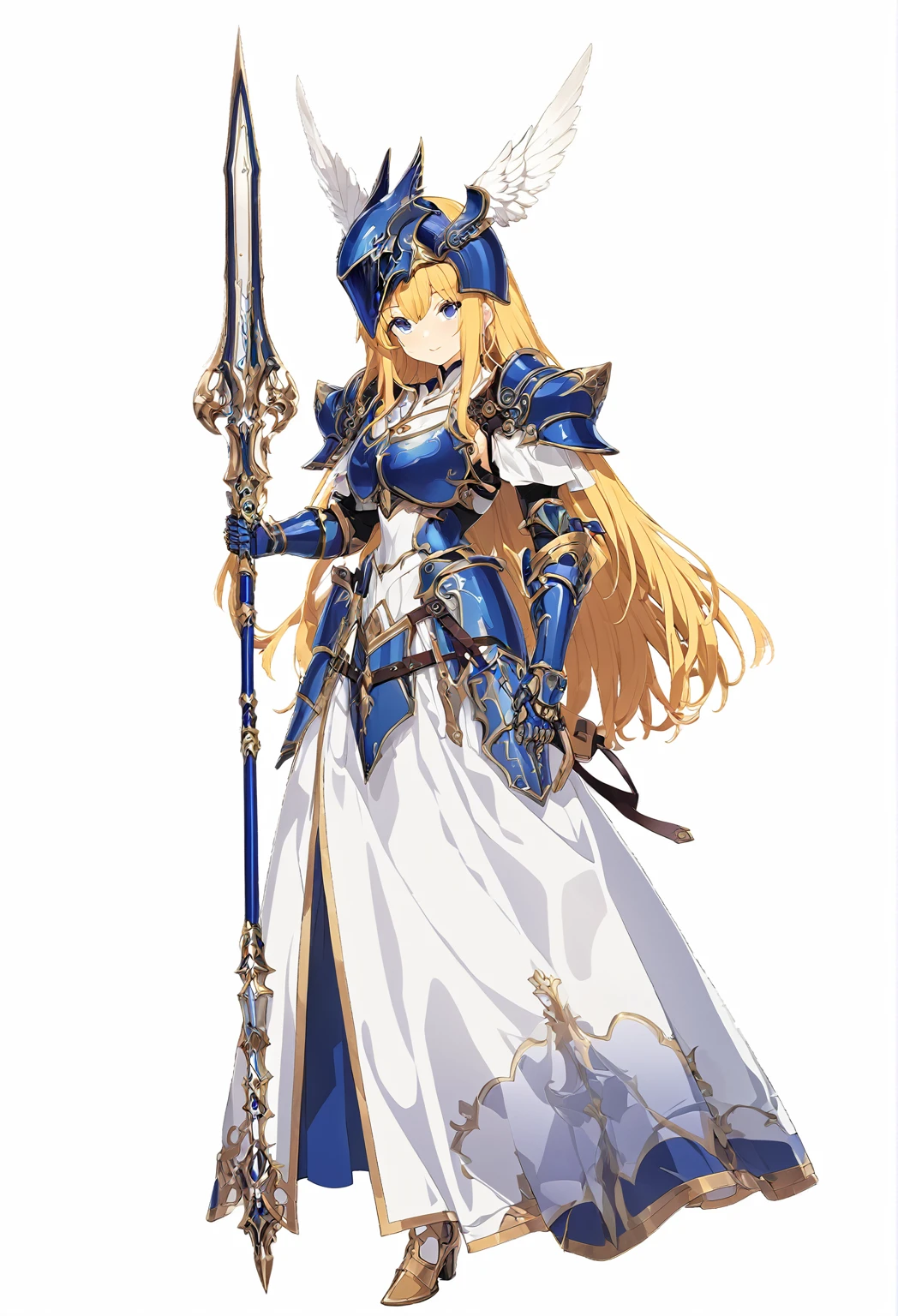 high quality, high resolution, high qualityのゲームアートスタイル, whole body,valkyrie,perfect hand,Official Art, Smooth game CG art, Visual Novel Sprites, White background,Smooth game CG art, (((Woman with a gun))),Woman wearing a white dress and blue armor, An intricately designed helmet with white feathers,Small shield, (((In his right hand he holds an elaborate spear))),Exquisite Blue Armor,Golden Hair, long hair, blue eyes,female knight, Rin々Shii,Large Bust,20-year-old