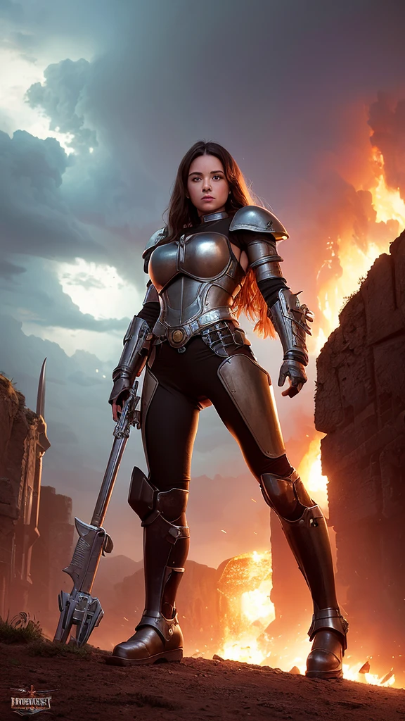 There was a woman standing in front of a giant robot., Inspiration from Ken Kelly, epic album cover, Imogen spoke as a paladin., Ralph Horsley bright colors, The Great Princess of the Wasteland, Skynet, Sophisticated biopunk style, queen of warriors, Krul