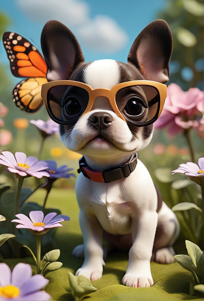 Adorable small tan boston Terrior puppy wearing sunglasses playing at park butterflies and flowers in background 3D Pixar style
