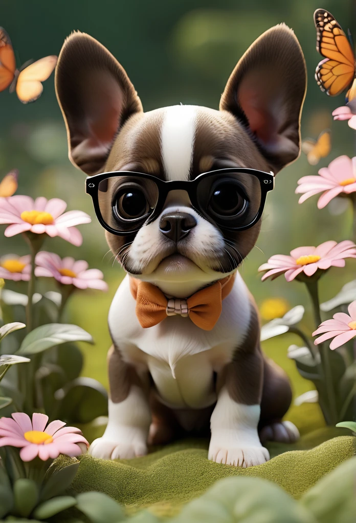 Adorable small tan boston Terrior puppy wearing sunglasses playing at park butterflies and flowers in background 3D Pixar style
