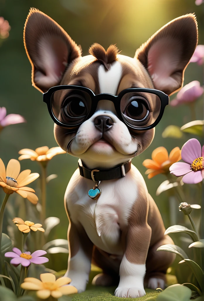 Adorable small tan boston Terrior puppy wearing sunglasses playing at park butterflies and flowers in background 3D Pixar style
