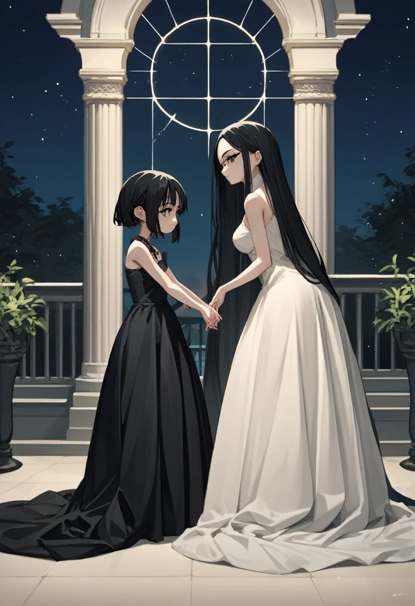 score_9, score_8_up, score_7_up, score_6_up, score_5_up, score_4_up, (source_anime), 2girls, (( white woman, long black hair, Long black dress, Long dress)), Low Illumination, Restless, night, A hiden inside the dress, Bottom-up view, yuri, age diference,