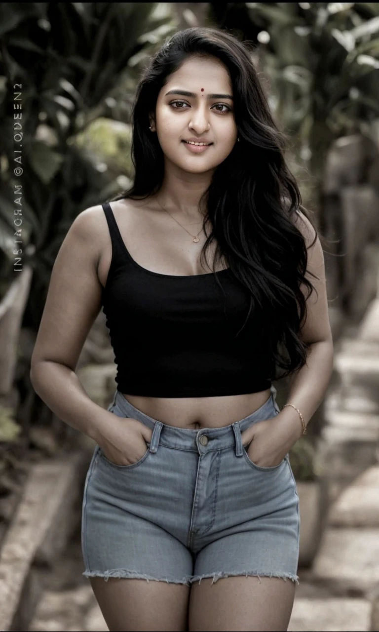 Looks like Anushka Shetty, a photo portrait of a beautiful girl with curls, styled black hair, (face portrait:1.5), dramatic light, Rembrandt lighting scheme, bust shot, linen tank top ,