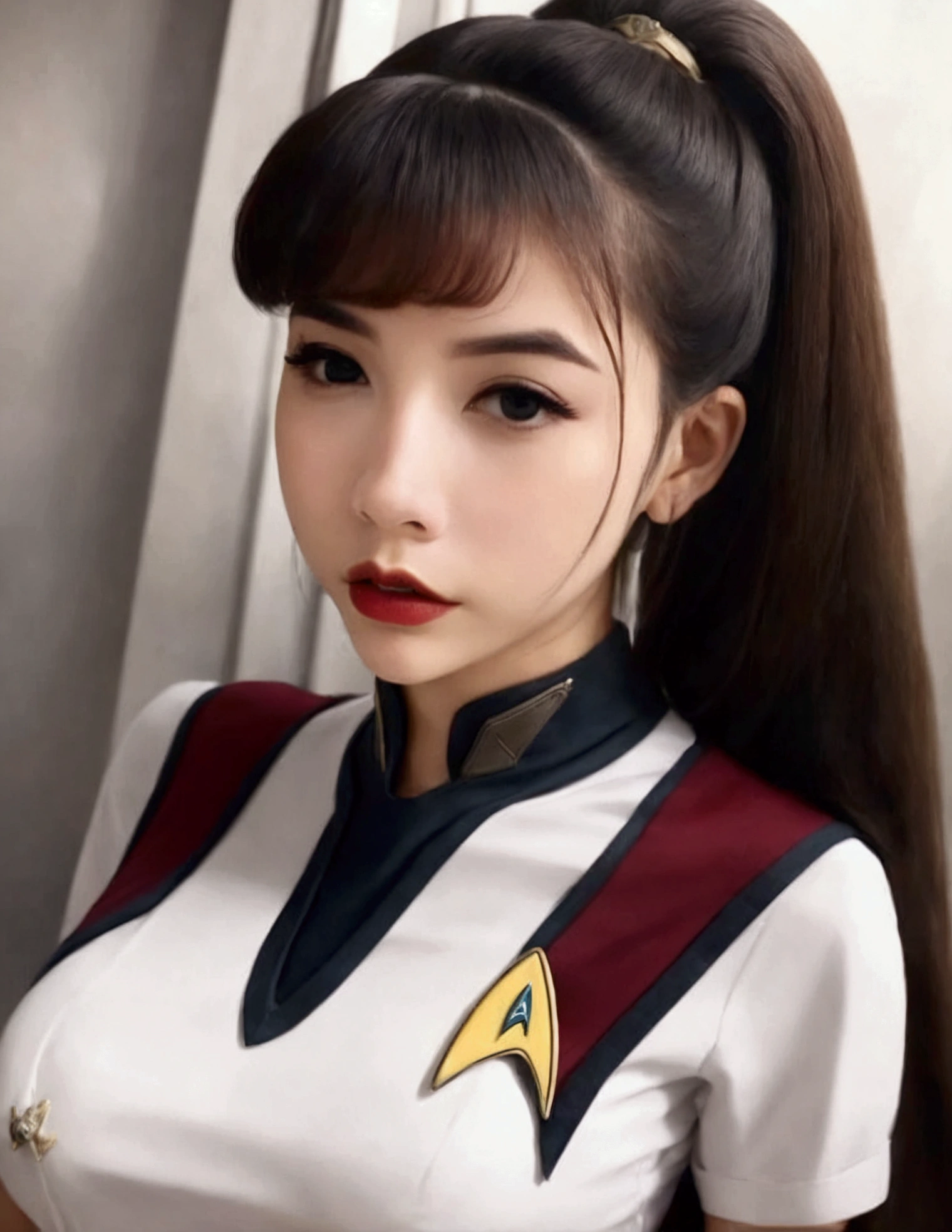 A cute woman (age 25, classic star trek mini skirt uniform) she is a clumsy officer regularly dropping things and picking them up, bent over panty exposed, busy star ship
