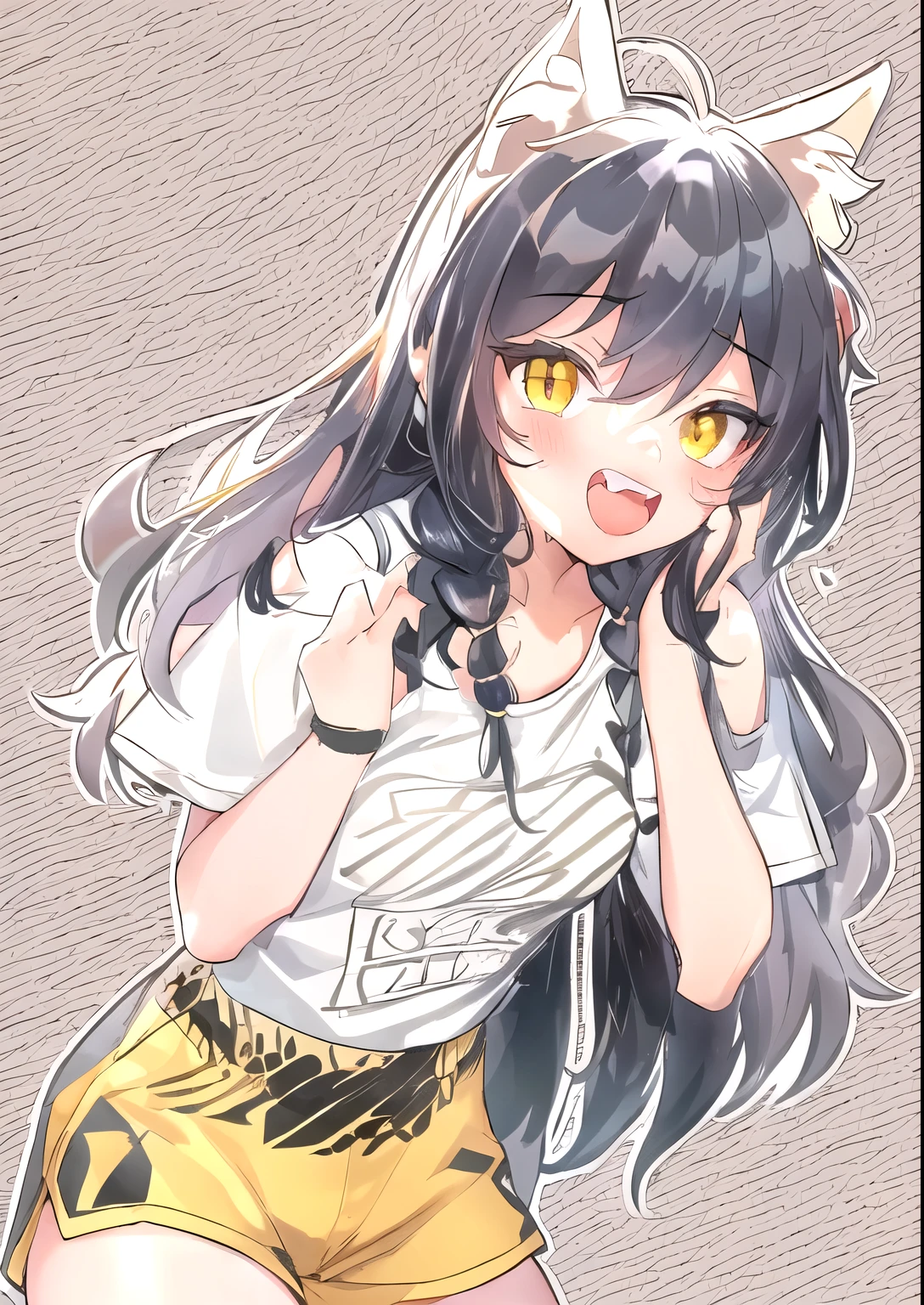 1girl, solo, long hair, looking at viewer, black hair, bandaid on face, yellow eyes, animal ears, smile, bandaid on nose, braid, cat ears, bandaid, bangs, breasts, fake animal ears, simple background, open mouth, fang, , bare shoulders, scar, teeth, shirt, bare shoulders, white shirt, short sleeves, closed mouth, t-shirt, hair over one eye, portrait, bag, hair over shoulder, shorts,