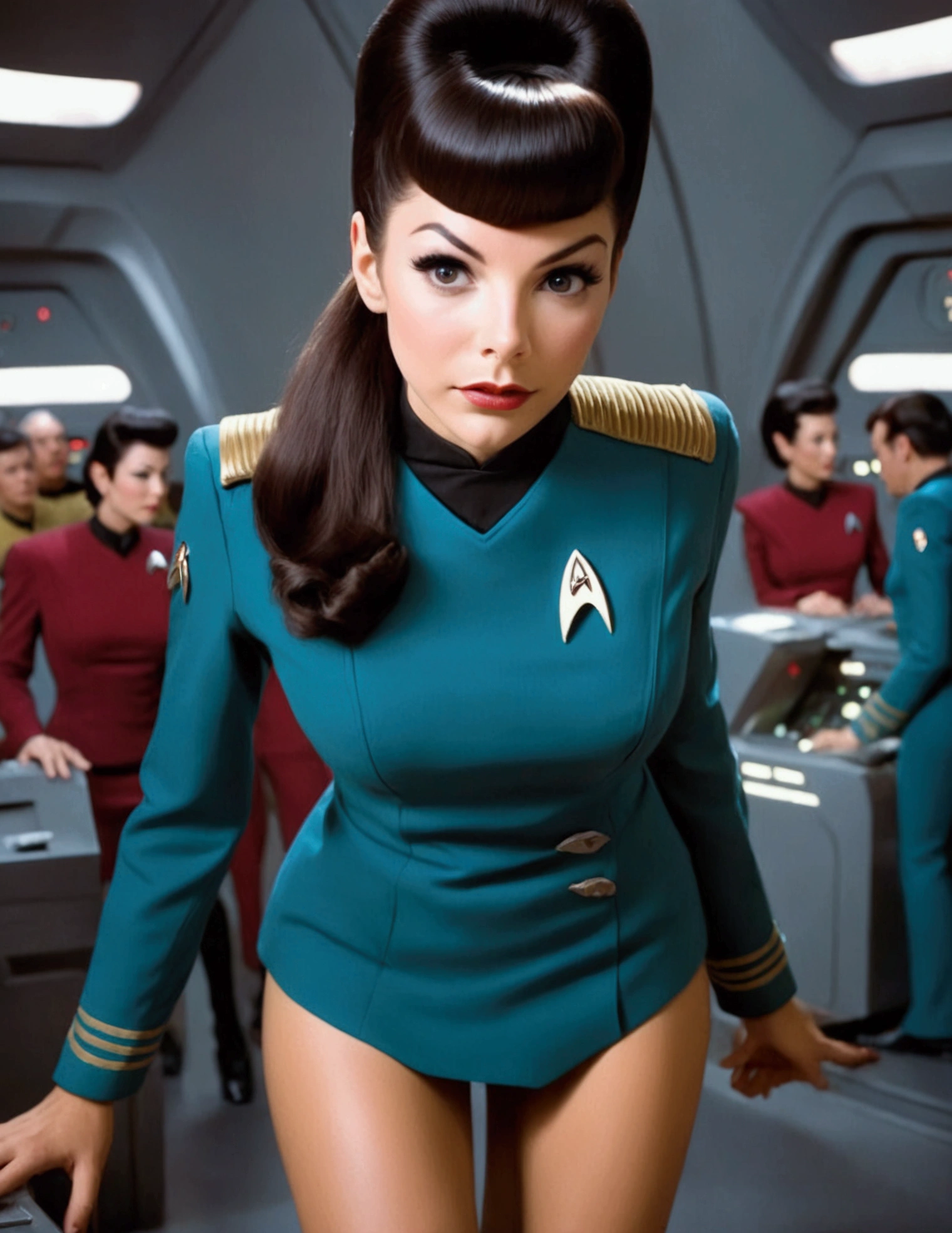 A cute woman (age 25, classic star trek mini skirt uniform) she is a clumsy officer regularly dropping things and picking them up, bent over panty exposed, busy star ship
