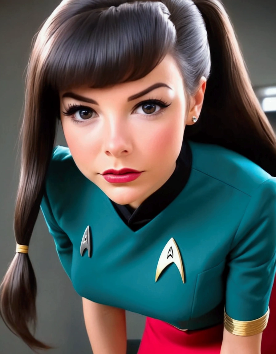 A cute woman (age 25, classic star trek mini skirt uniform) she is a clumsy officer regularly dropping things and picking them up, bent over panty exposed, busy star ship