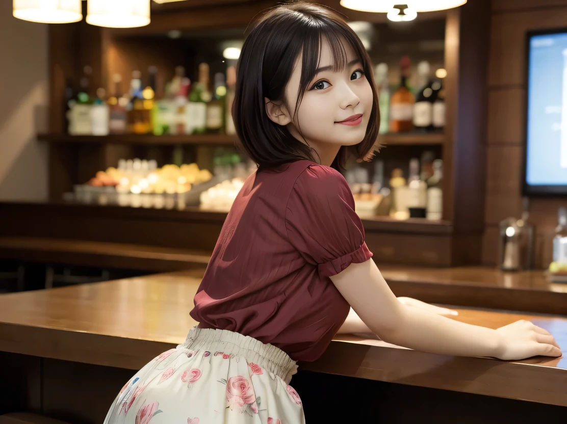 Highest quality, masterpiece, Ultra-high resolution, 8k, RAW Photos, Realistic, Anatomically correct:1.5), 20-year-old girl:1.2, Embarrassing, avert your eyes, blush:1.0, View Viewer, ((bar)) 、Large windows、Night view、 Light:1.2, Bokeh, Cinema Lighting:1.0, Depth of written boundary, sharp、 Cute Face、Idol、Black short sleeve tulle top、Black tulle skirt、wine colored clothes、”dwarf”、(Floral clothes)、(Full Body Shot)、Side angle、Cowboy Shot、 smile、((Ultra short hair、Berry Short))、(Straight bangs)、((See-through))、(( One Girl))、Waist、I can see your thighs、