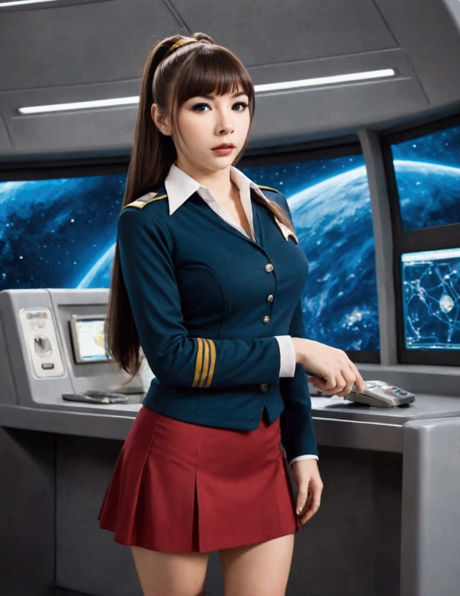 A cute woman (age 25, classic star trek mini skirt uniform) she is a clumsy officer regularly dropping things and picking them up, bent over panty exposed, busy star ship
