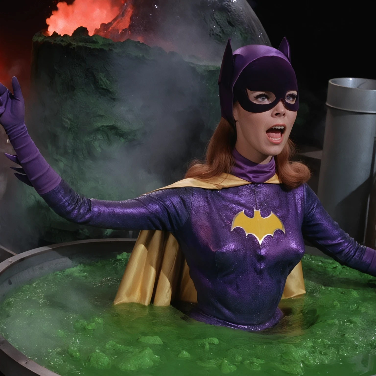 yvonne craig woman, sinking in green lava inside a  big tank in a scientist lab. She screams with her eyes wide open, she looks for help, extent her arm trying to grab something to escape, she moves desperate, but half of her body is already cover by lava she is in pain, small bubbles on the surface of the green lava, Her body is burning, we see smoke on her and everywhere. she screams as hard as she can , 60's style, analog film, film grain, on a lab. Some red lights