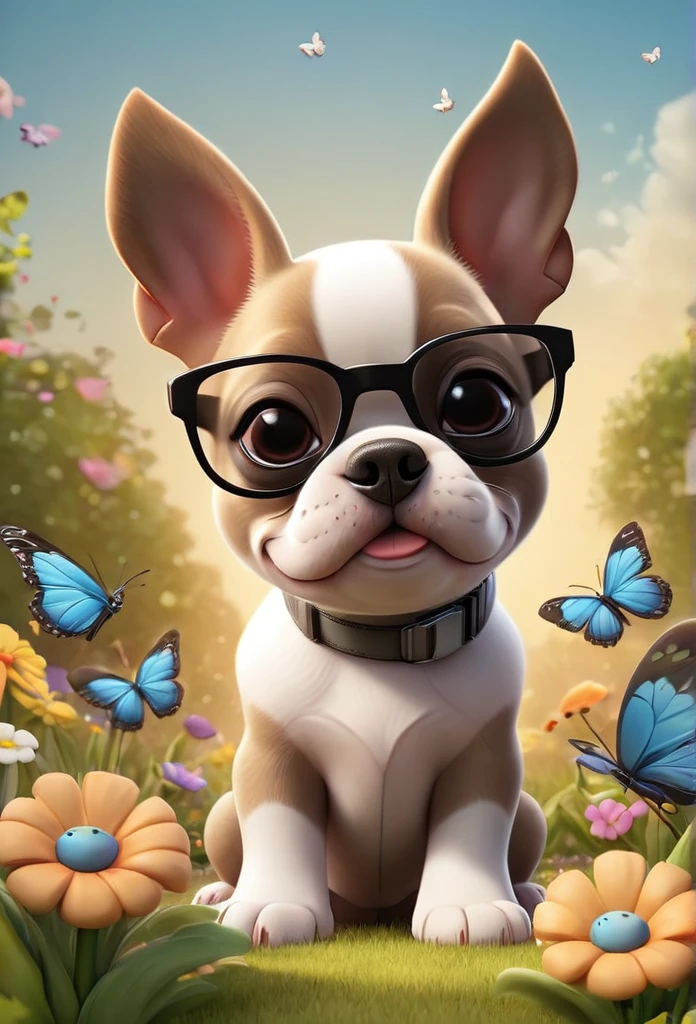 Adorable small tan boston Terrior puppy wearing sunglasses playing at park butterflies and flowers in background 3D Pixar style
