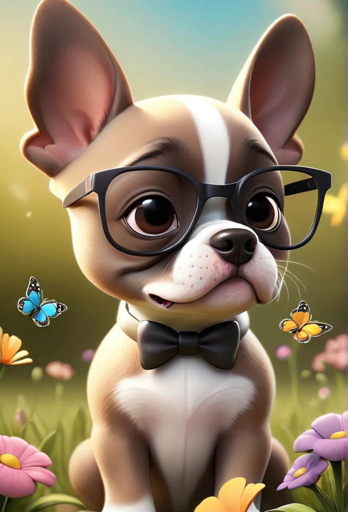 Adorable small tan boston Terrior puppy wearing sunglasses playing at park butterflies and flowers in background 3D Pixar style
