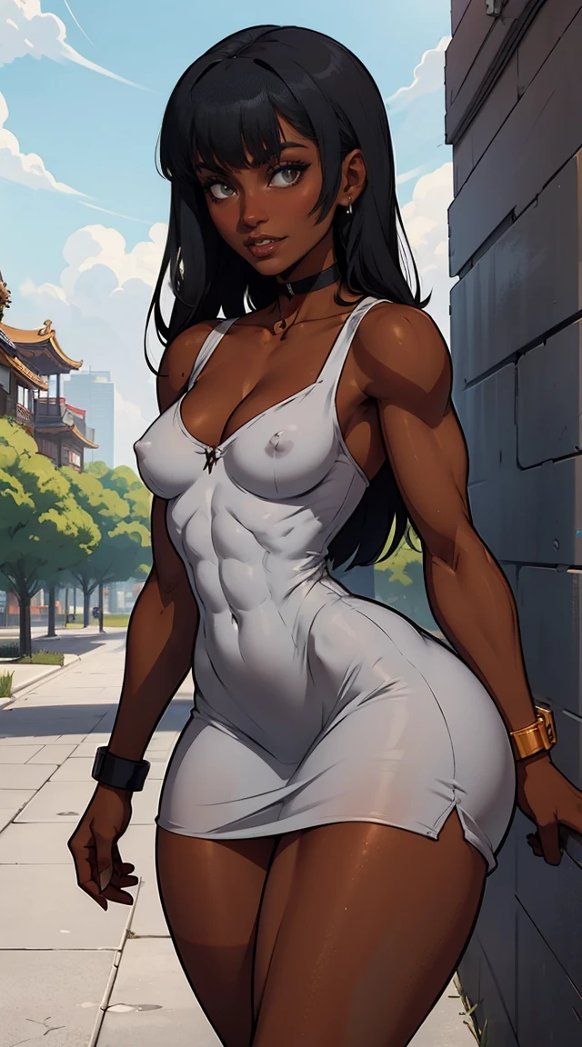 (Muscular:1.7), (thick thighs:1.7),
(asian female:1.5), (blunt bangs:1.3), (long black hair:1.4), (adult), beauty mark, (tan skin, dark skin:2),
glasses, earrings, eyeshadow, lipstick, red lips,
detailed eyes, (big smile:1.5),
(hard nipples:1.3), (small perky breasts:1.5),
(choker, gray sundress, v-neck:1.8), ab window, stomach opening,
(upper body view:1.3), (looking at viewer:1.4), (three quarter view:1.4), standing,
(outside at the park:1.2), rim lighting, two tone lighting, dimly lit