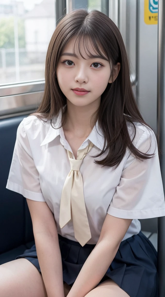 (masterpiece, best quality:1.2), 8k, years, 85 mm, official art, original photo, Disorganized, white dress shirt, cute face, close, Upper Body, Viola, gardenia, beautiful girl, , (Navy pleated skirt:1.1), Tighten the waist, thigh, Short sleeve, Inside the train, Sit on a bench, looking at the audience, No makeup, (Smile:0.4), film grain, Chromatic Aberration, sharp focus, Face light, Clear lighting, Ten generations, Detailed face, Background Scenery, (crimson tie:1.1)